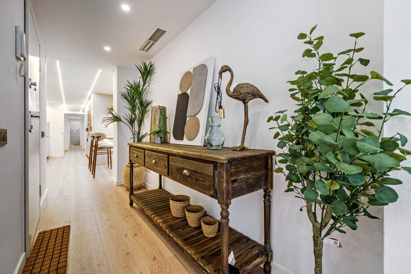 Pasillo moderno con una consola de madera, plantas decorativas y cuadros en las paredes.